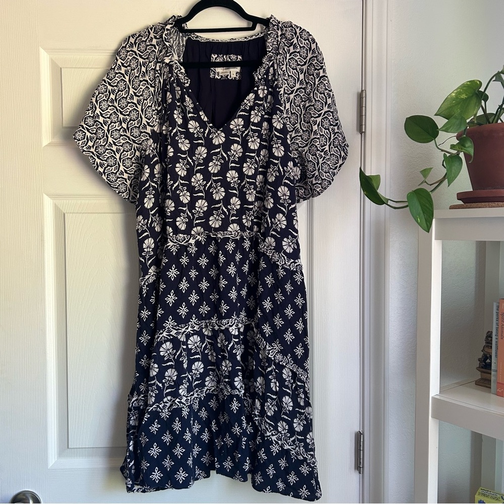 Anthropologie boho mini dress navy blue print size 2x